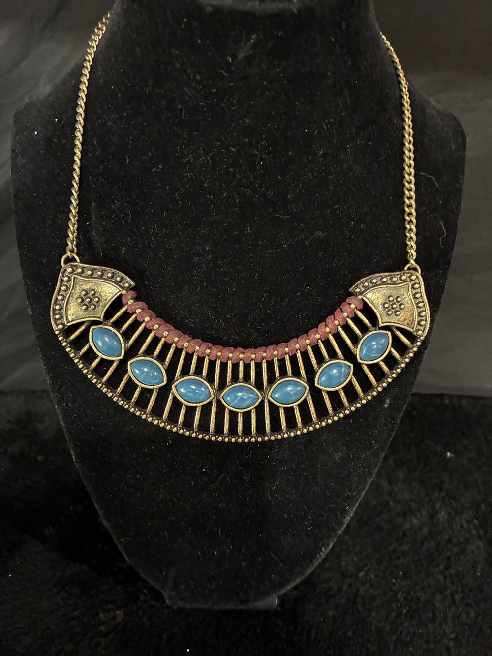 Antique Promod Gold-Tone Bib Necklace with Blue and Burgundy Accents.